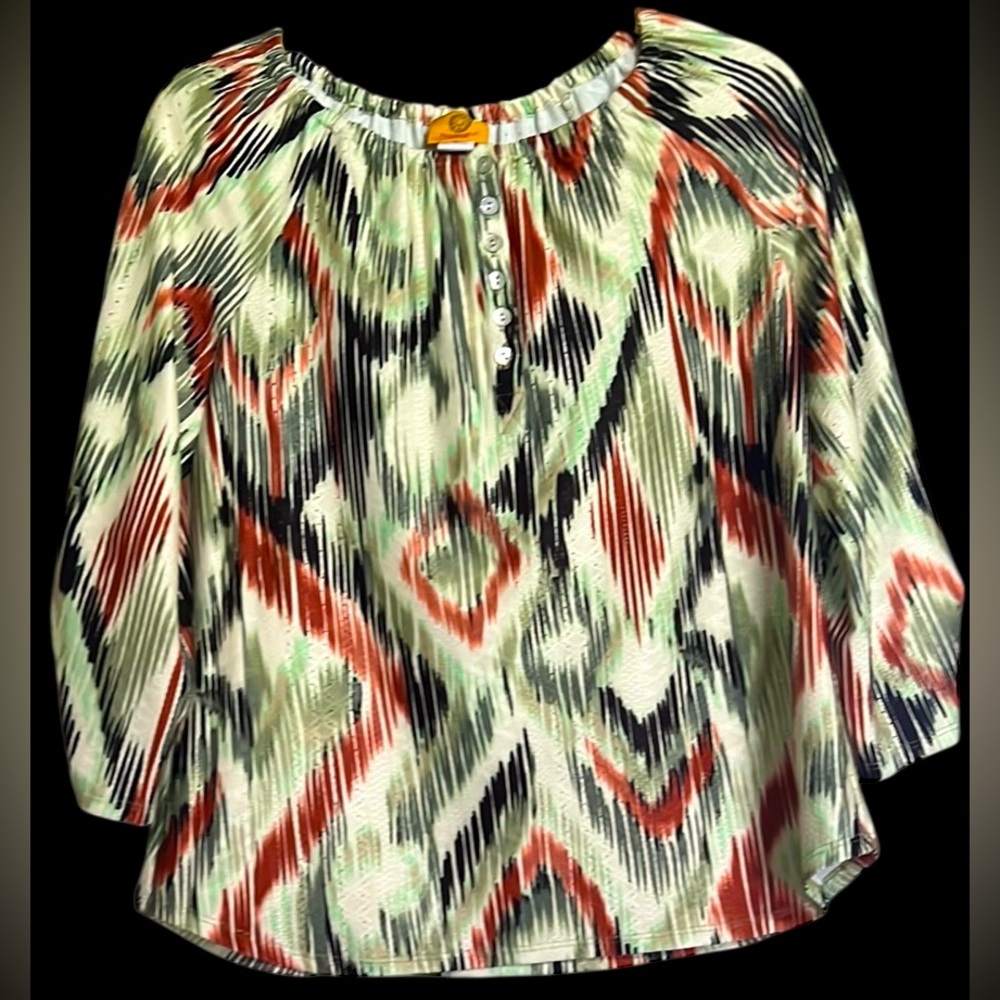 RUBY RD. Black/Green/Rust 1/4 Button Front Long Sleeve Top, Petite Medium. NWT.